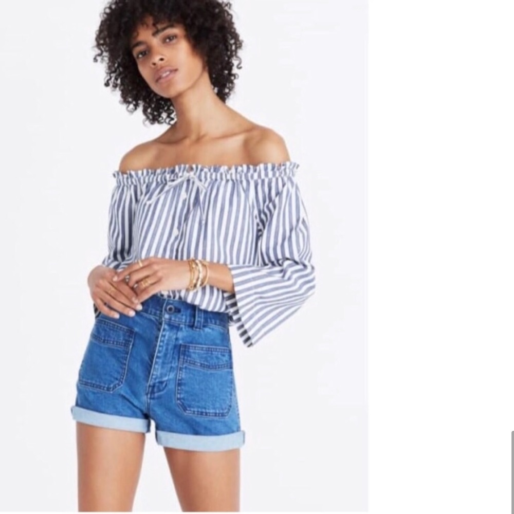 Madewell Shimmer Stripe Off the Shoulder Top💙🤍